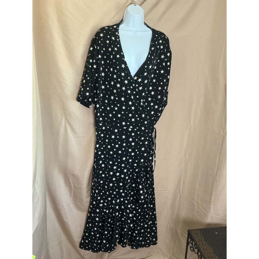 Nasty Gal Star Print Wrap Dress Womens 24 Black White Excellent Ruffle Midi Tie